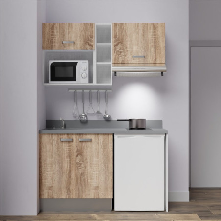 Kitchenette K13 - 140 cm avec emplacements frigo, hotte et micro-ondes - meubles bois, plan monobloc gris évier à gauche