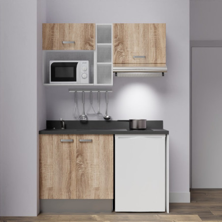 Kitchenette K13 - 140 cm avec emplacements frigo, hotte et micro-ondes - meubles bois, plan monobloc noir évier à gauche