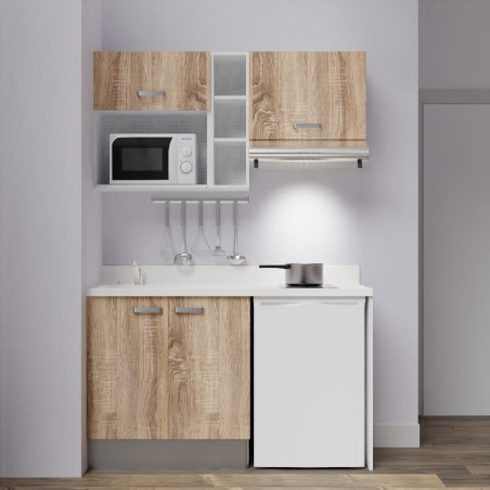 Kitchenette K13 - 140 cm avec emplacements frigo, hotte et micro-ondes - meubles bois, plan monobloc blanc évier à gauche