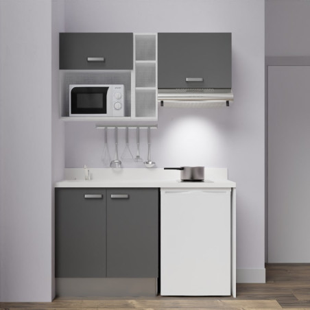 Kitchenette K13 - 140 cm avec emplacements frigo, hotte et micro-ondes - meubles gris, plan monobloc blanc évier à gauche