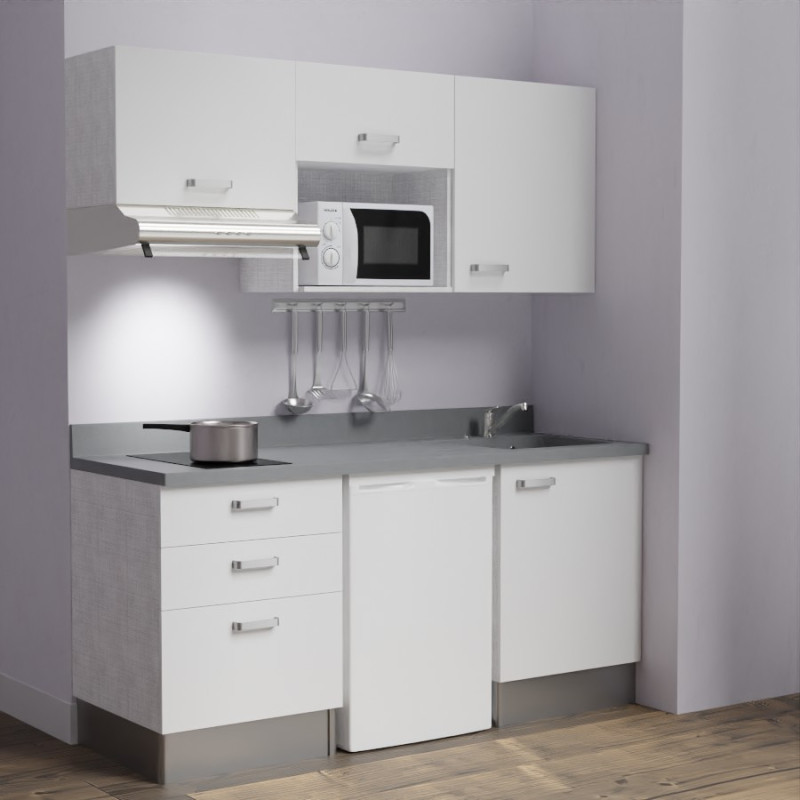 Kitchenette K20 - 180 cm avec emplacements frigo, micro-ondes et hotte - meubles blanc, plan monobloc gris évier à droite Kitchenette K20 - 180 cm avec emplacements frigo, micro-ondes et hotte - meubles blanc, plan monobloc gris évier à droite