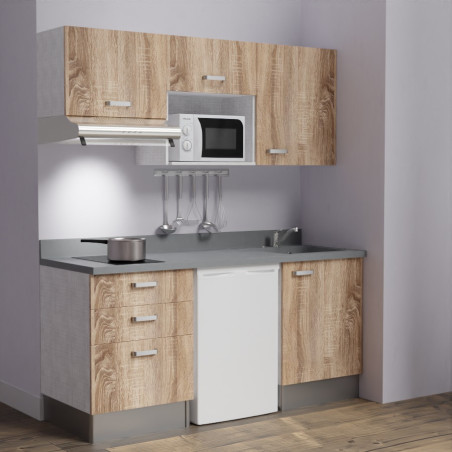 Kitchenette K20 - 180 cm avec emplacements frigo, micro-ondes et hotte - meubles bois, plan monobloc gris évier à droite