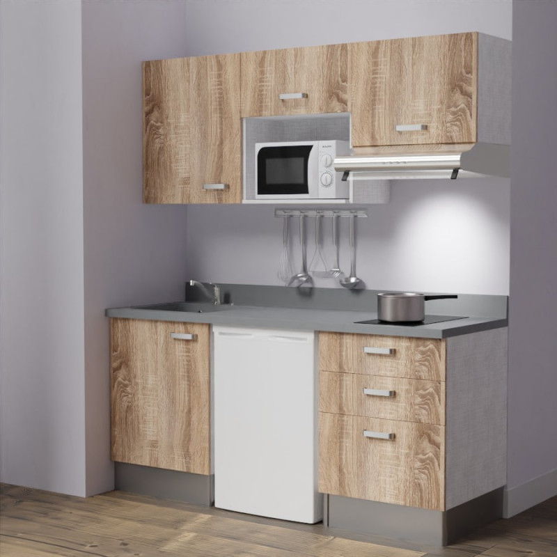 Kitchenette K20 - 180 cm avec emplacements frigo, micro-ondes et hotte - meubles bois, plan monobloc gris évier à gauche Kitchenette K20 - 180 cm avec emplacements frigo, micro-ondes et hotte - meubles bois, plan monobloc gris évier à gauche