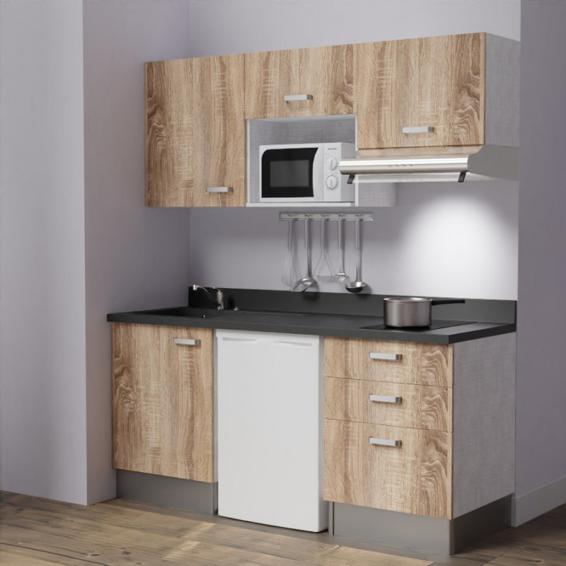 Kitchenette K20 - 180 cm avec emplacements frigo, micro-ondes et hotte - meubles bois, plan monobloc noir évier à gauche Kitchenette K20 - 180 cm avec emplacements frigo, micro-ondes et hotte - meubles bois, plan monobloc noir évier à gauche