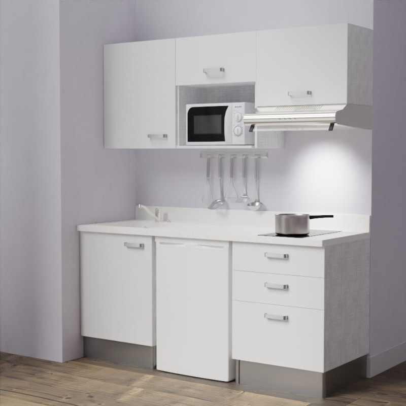 Kitchenette K20 - 180 cm avec emplacements frigo, micro-ondes et hotte - meubles blanc, plan monobloc blanc évier à gauche Kitchenette K20 - 180 cm avec emplacements frigo, micro-ondes et hotte - meubles blanc, plan monobloc blanc évier à gauche