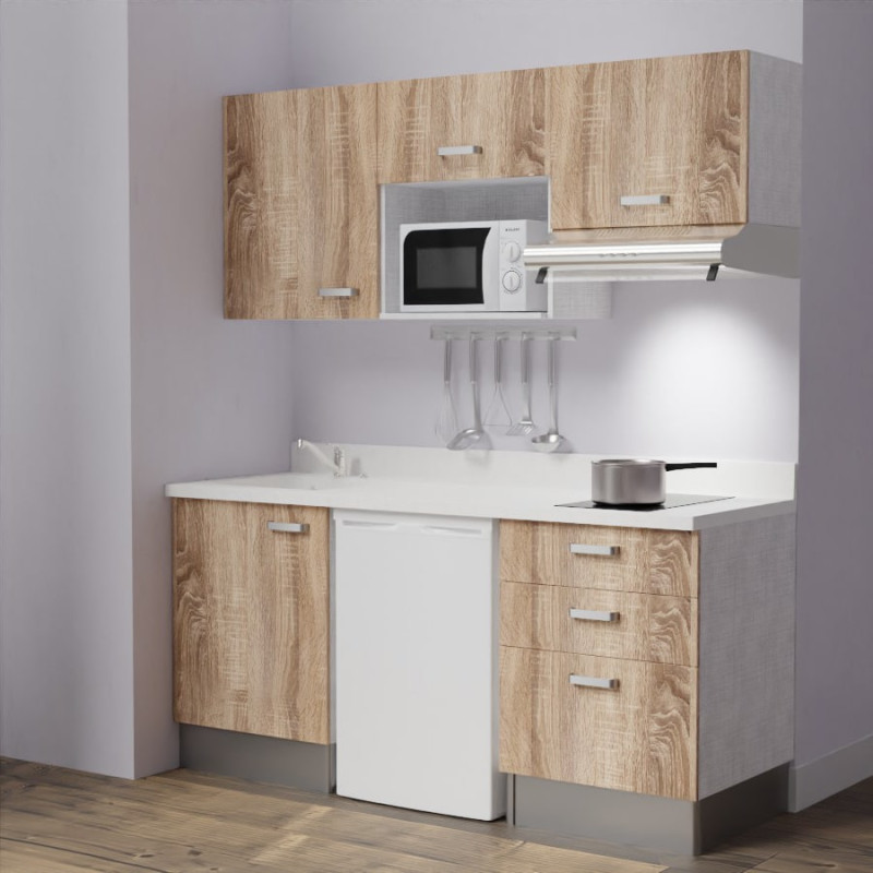 Kitchenette K20 - 180 cm avec emplacements frigo, micro-ondes et hotte - meubles bois, plan monobloc blanc évier à gauche Kitchenette K20 - 180 cm avec emplacements frigo, micro-ondes et hotte - meubles bois, plan monobloc blanc évier à gauche