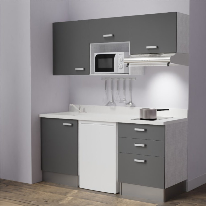 Kitchenette K20 - 180 cm avec emplacements frigo, micro-ondes et hotte - meubles gris, plan monobloc blanc évier à gauche Kitchenette K20 - 180 cm avec emplacements frigo, micro-ondes et hotte - meubles gris, plan monobloc blanc évier à gauche