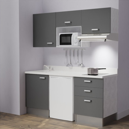 Kitchenette K20 - 180 cm avec emplacements frigo, micro-ondes et hotte - meubles gris, plan monobloc blanc évier à gauche