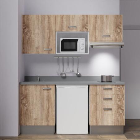 Kitchenette K20 - 180 cm avec emplacements frigo, micro-ondes et hotte - meubles bois, plan monobloc gris évier à gauche