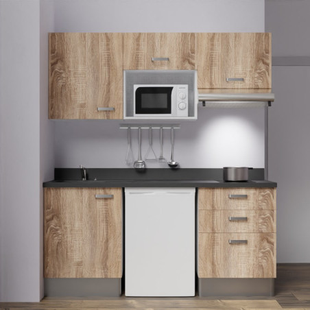 Kitchenette K20 - 180 cm avec emplacements frigo, micro-ondes et hotte - meubles bois, plan monobloc noir évier à gauche