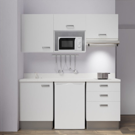 Kitchenette K20 - 180 cm avec emplacements frigo, micro-ondes et hotte - meubles blanc, plan monobloc blanc évier à gauche