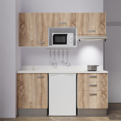 Kitchenette K20 - 180 cm avec emplacements frigo, micro-ondes et hotte - meubles bois, plan monobloc blanc évier à gauche
