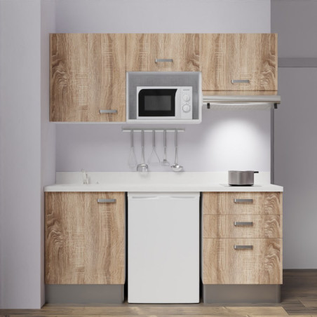 Kitchenette K20 - 180 cm avec emplacements frigo, micro-ondes et hotte - meubles bois, plan monobloc blanc évier à gauche
