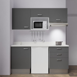 Kitchenette K20 - 180 cm avec emplacements frigo, micro-ondes et hotte - meubles gris, plan monobloc blanc évier à gauche