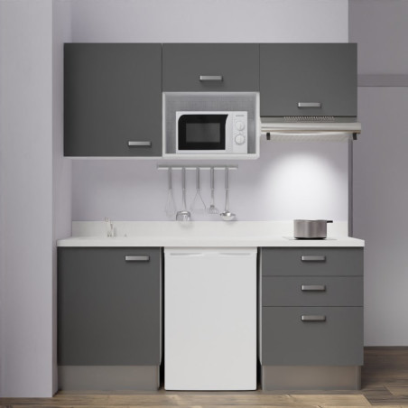 Kitchenette K20 - 180 cm avec emplacements frigo, micro-ondes et hotte - meubles gris, plan monobloc blanc évier à gauche