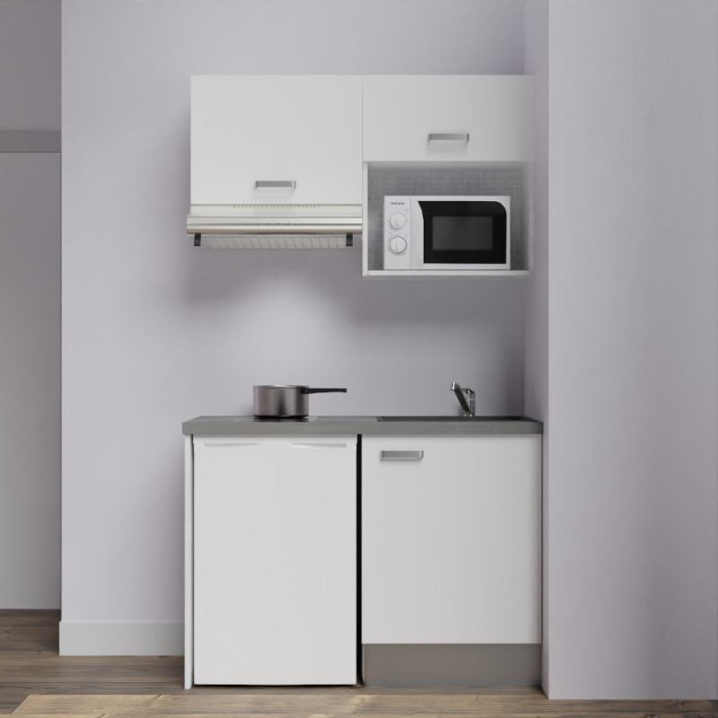 Kitchenette K02-PT - 120 cm meubles blanc, plan de travail gris et évier noir Kitchenette K02-PT - 120 cm meubles blanc, plan de travail gris et évier noir