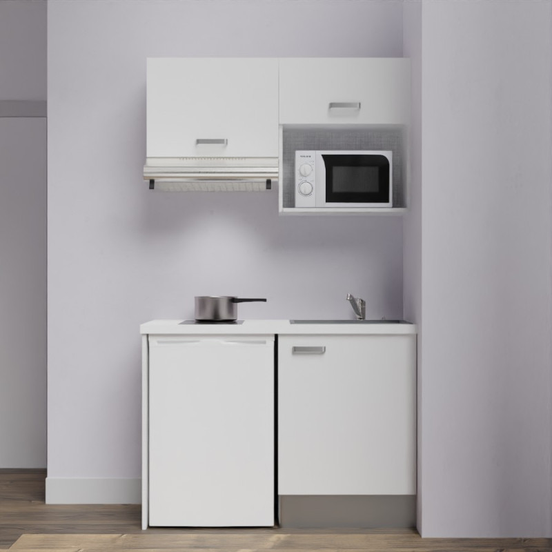 Kitchenette K02-PT - 120 cm meubles blanc, plan de travail blanc et évier gris Kitchenette K02-PT - 120 cm meubles blanc, plan de travail blanc et évier gris