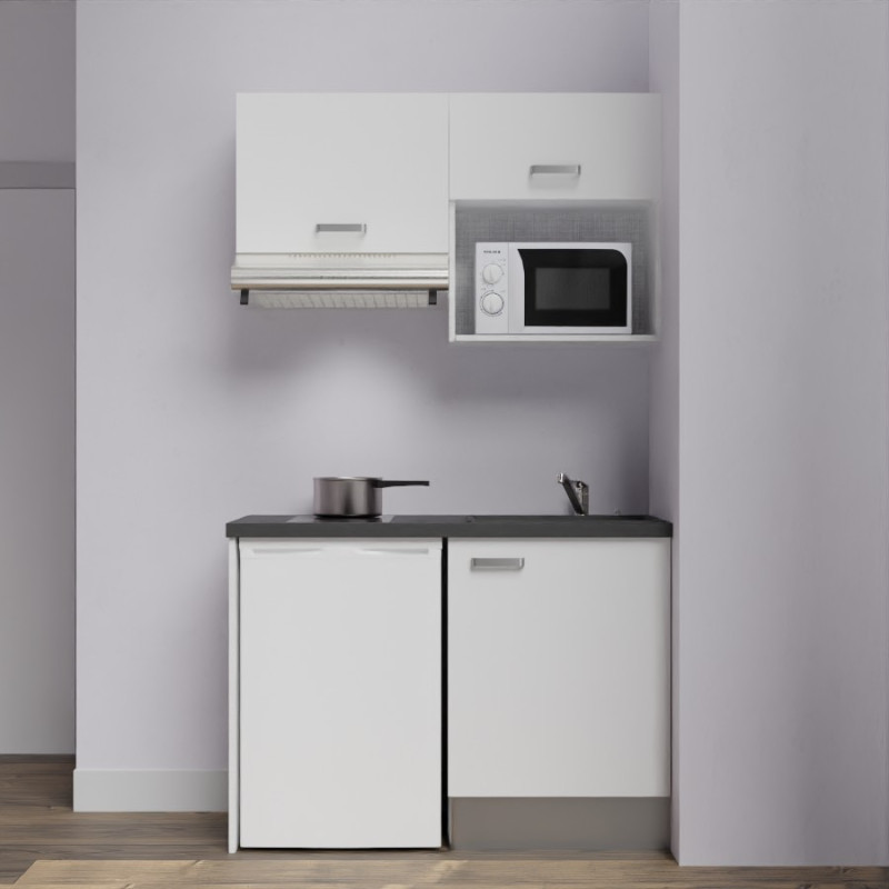 Kitchenette K02-PT - 120 cm meubles blanc, plan de travail noir et évier noir Kitchenette K02-PT - 120 cm meubles blanc, plan de travail noir et évier noir