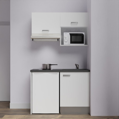 Kitchenette K02-PT - 120 cm meubles blanc, plan de travail noir et évier noir