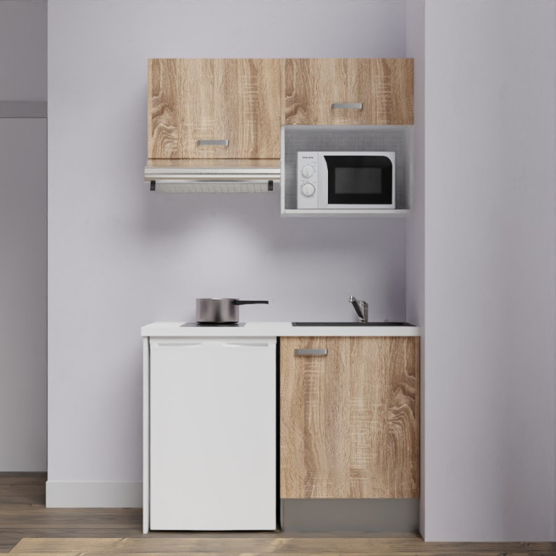 Kitchenette K02-PT - 120 cm meubles bois, plan de travail blanc et évier noir Kitchenette K02-PT - 120 cm meubles bois, plan de travail blanc et évier noir