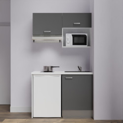 Kitchenette K02-PT - 120 cm meubles gris, plan de travail blanc et évier noir