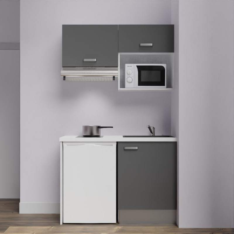Kitchenette K02-PT - 120 cm meubles gris, plan de travail blanc et évier noir Kitchenette K02-PT - 120 cm meubles gris, plan de travail blanc et évier noir
