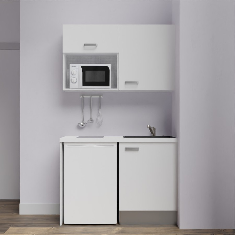 Kitchenette K07-PT - 120 cm meubles coloris blanc mat, plan de travail blanc, évier noir Kitchenette K07-PT - 120 cm meubles coloris blanc mat, plan de travail blanc, évier noir