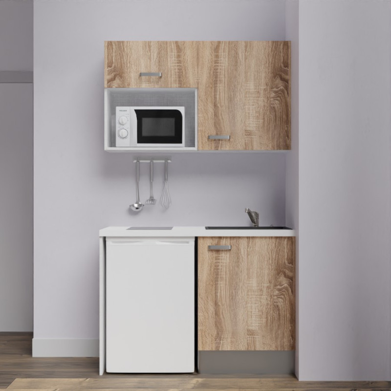 Kitchenette K07-PT - 120 cm meubles coloris bois, plan de travail blanc, évier noir Kitchenette K07-PT - 120 cm meubles coloris bois, plan de travail blanc, évier noir