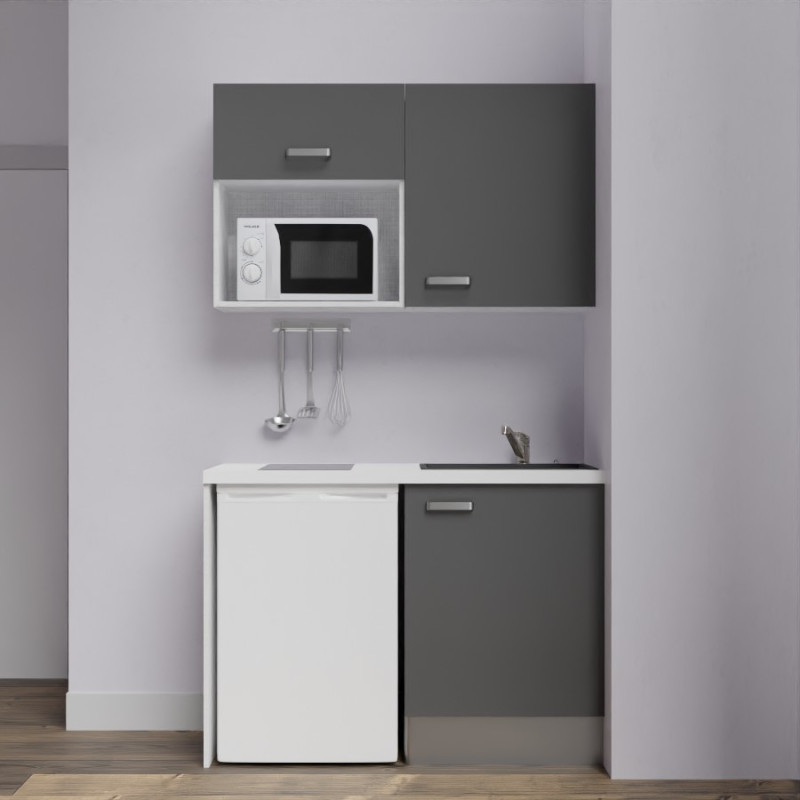 Kitchenette K07-PT - 120 cm meubles coloris gris mat, plan de travail blanc, évier noir Kitchenette K07-PT - 120 cm meubles coloris gris mat, plan de travail blanc, évier noir