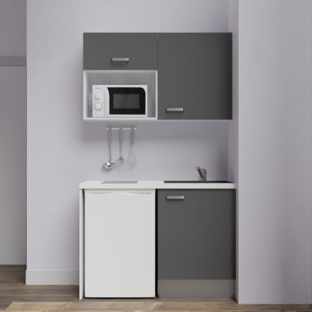 Kitchenette K07-PT - 120 cm meubles coloris gris mat, plan de travail blanc, évier noir