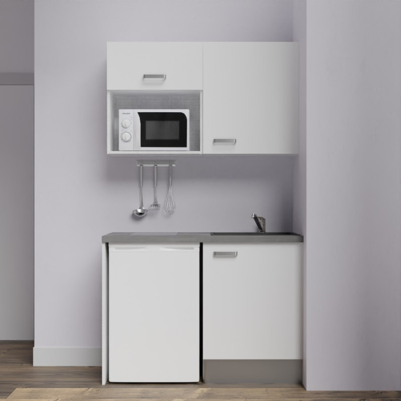 Kitchenette K07-PT - 120 cm meubles coloris blanc mat, plan de travail gris, évier noir Kitchenette K07-PT - 120 cm meubles coloris blanc mat, plan de travail gris, évier noir
