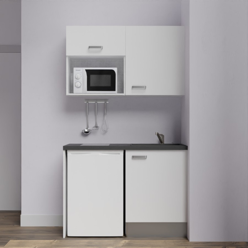 Kitchenette K07-PT - 120 cm meubles coloris blanc mat, plan de travail noir, évier noir Kitchenette K07-PT - 120 cm meubles coloris blanc mat, plan de travail noir, évier noir