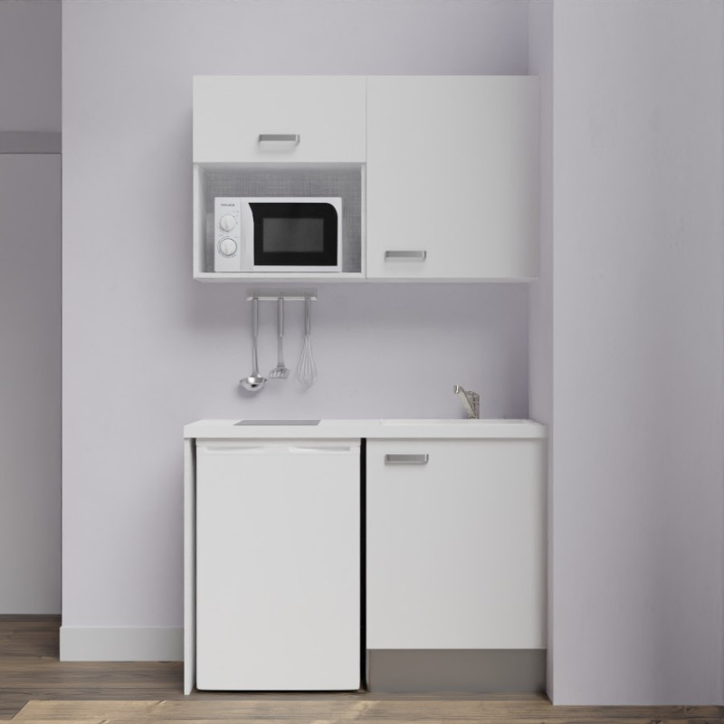 Kitchenette K07-PT - 120 cm meubles coloris blanc mat, plan de travail blanc, évier blanc Kitchenette K07-PT - 120 cm meubles coloris blanc mat, plan de travail blanc, évier blanc