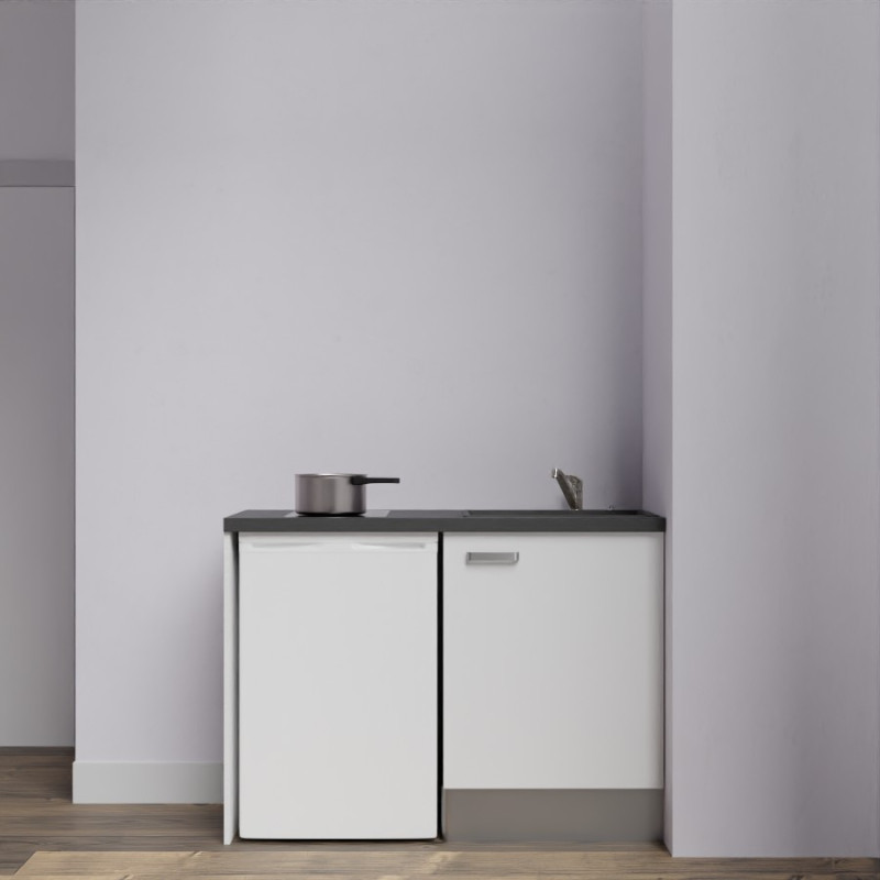 Kitchenette K08-PT - 120 cm avec plan de travail noir et évier noir - emplacement frigo - meuble blanc mat Kitchenette K08-PT - 120 cm avec plan de travail noir et évier noir - emplacement frigo - meuble blanc mat