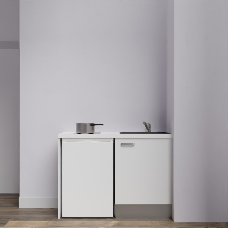Kitchenette K08-PT - 120 cm avec plan de travail blanc et évier noir - emplacement frigo - meuble blanc mat Kitchenette K08-PT - 120 cm avec plan de travail blanc et évier noir - emplacement frigo - meuble blanc mat