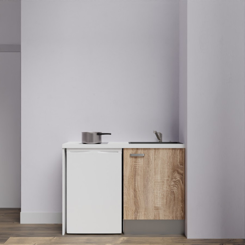 Kitchenette K08-PT - 120 cm avec plan de travail blanc et évier noir - emplacement frigo - meuble couleur bois Kitchenette K08-PT - 120 cm avec plan de travail blanc et évier noir - emplacement frigo - meuble couleur bois