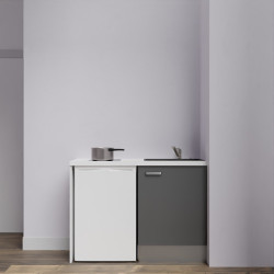 Kitchenette K08-PT - 120 cm avec plan de travail blanc et évier noir - emplacement frigo - meuble gris mat