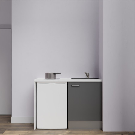 Kitchenette K08-PT - 120 cm avec plan de travail blanc et évier noir - emplacement frigo - meuble gris mat