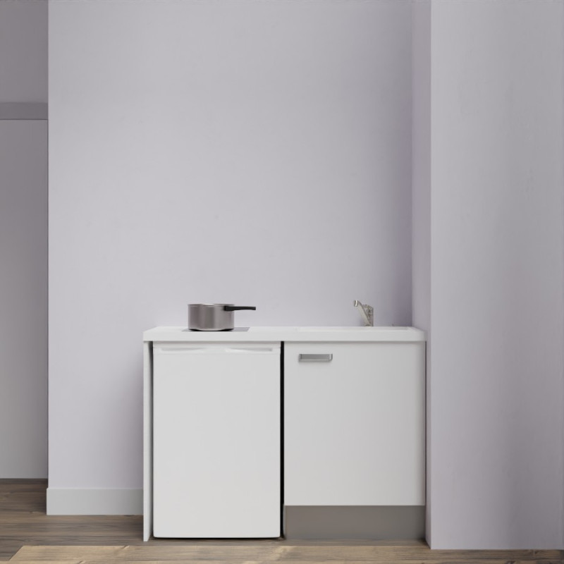 Kitchenette K08-PT - 120 cm avec plan de travail blanc et évier blanc - emplacement frigo - meuble blanc mat Kitchenette K08-PT - 120 cm avec plan de travail blanc et évier blanc - emplacement frigo - meuble blanc mat