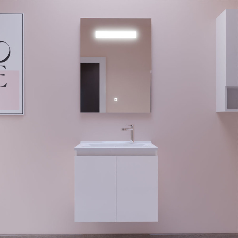 Meuble PROLINE 60 cm avec plan vasque en résine et miroir LED Elégance - Coloris blanc Meuble PROLINE 60 cm avec plan vasque en résine et miroir LED Elégance - Coloris blanc