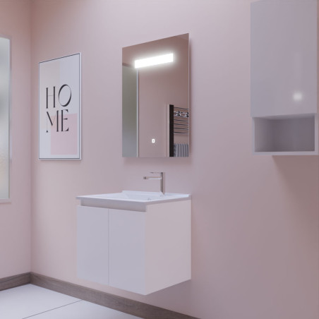 Meuble PROLINE 60 cm avec plan vasque en résine et miroir LED Elégance - Coloris blanc
