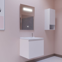 Meuble PROLINE 60 cm avec plan vasque en résine et miroir LED Elégance - Coloris blanc