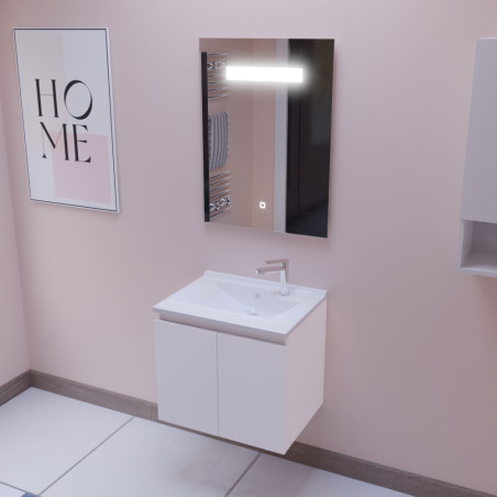 Meuble PROLINE 60 cm avec plan vasque en résine et miroir LED Elégance - Coloris blanc