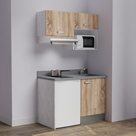 Kitchenette K02L - 120 cm avec plan monobloc, emplacement frigo, hotte et micro-ondes