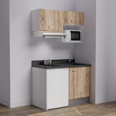Kitchenette K02L - 120 cm avec plan monobloc, emplacement frigo, hotte et micro-ondes