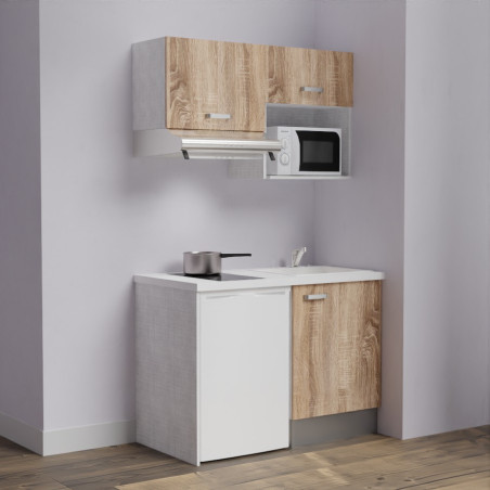Kitchenette K02L - 120 cm avec plan monobloc, emplacement frigo, hotte et micro-ondes