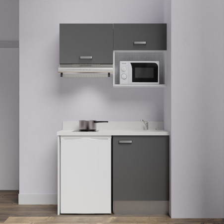 Kitchenette K02L - 120 cm avec plan monobloc, emplacement frigo, hotte et micro-ondes