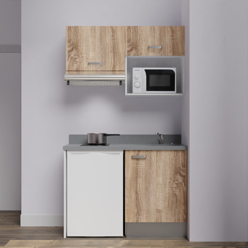 Kitchenette K02L - 120 cm avec plan monobloc, emplacement frigo, hotte et micro-ondes Kitchenette K02L - 120 cm avec plan monobloc, emplacement frigo, hotte et micro-ondes