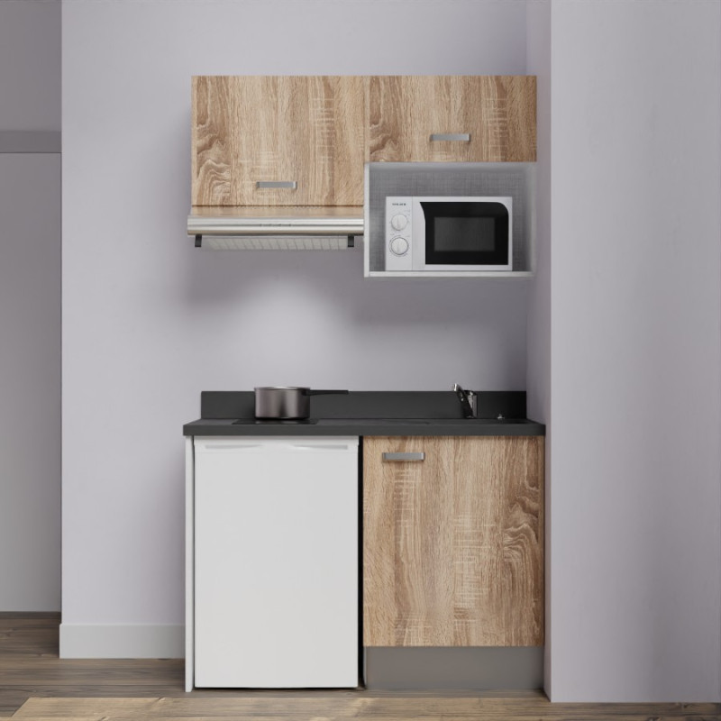 Kitchenette K02L - 120 cm avec plan monobloc, emplacement frigo, hotte et micro-ondes Kitchenette K02L - 120 cm avec plan monobloc, emplacement frigo, hotte et micro-ondes