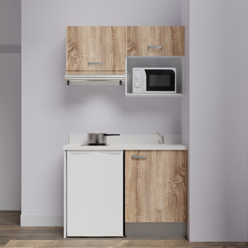 Kitchenette K02L - 120 cm avec plan monobloc, emplacement frigo, hotte et micro-ondes Kitchenette K02L - 120 cm avec plan monobloc, emplacement frigo, hotte et micro-ondes